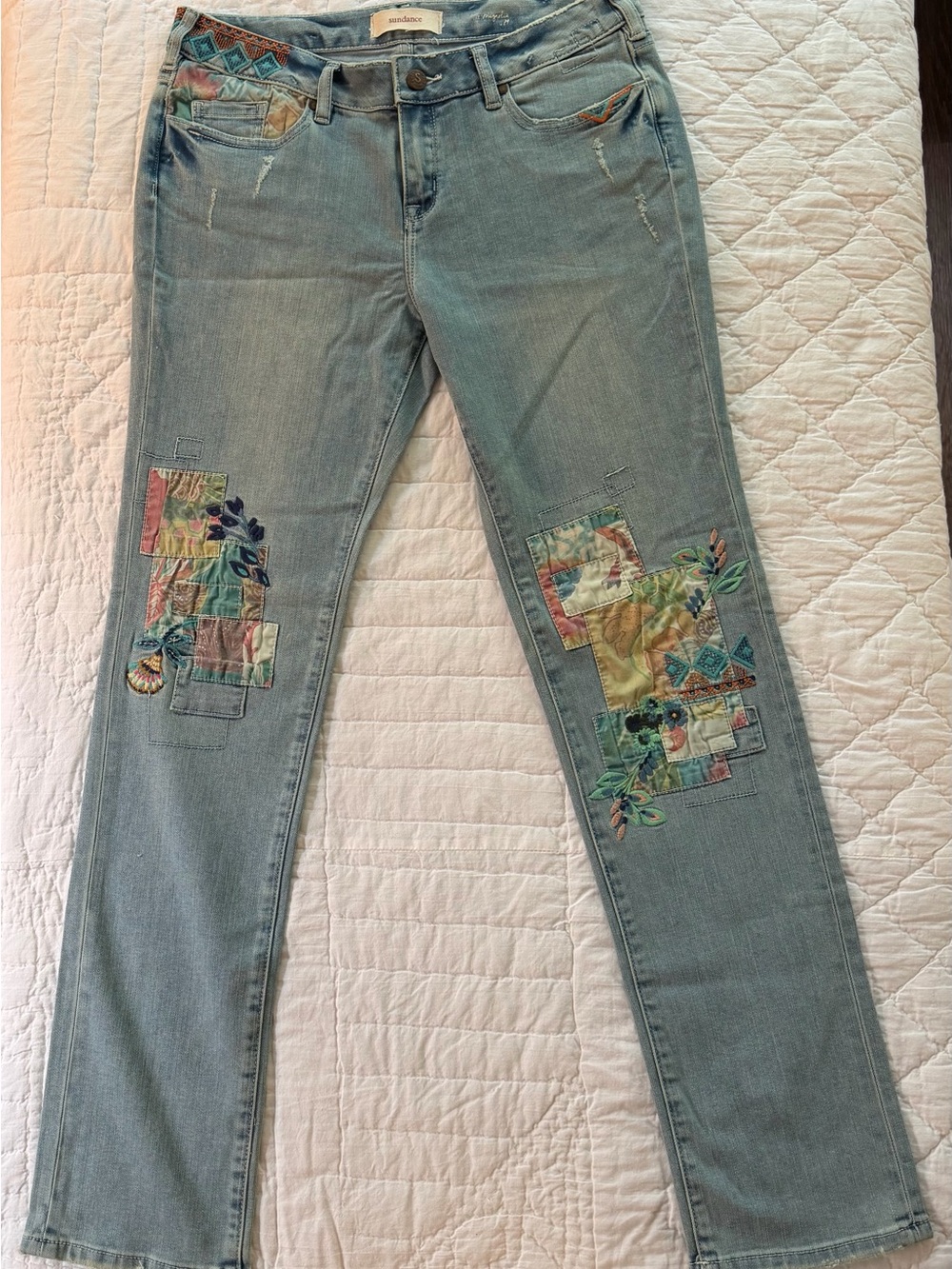 Sundance Light Blue Straight Leg Jeans with Multicolor Embroidered Patchwork